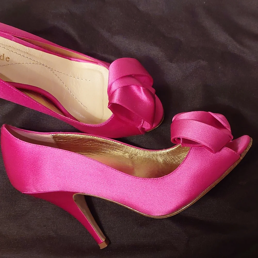 Kate Spade Clarice Pink Satin Bow Open Toe Stiletto Pumps, size 5.5B - Picture 5 of 7